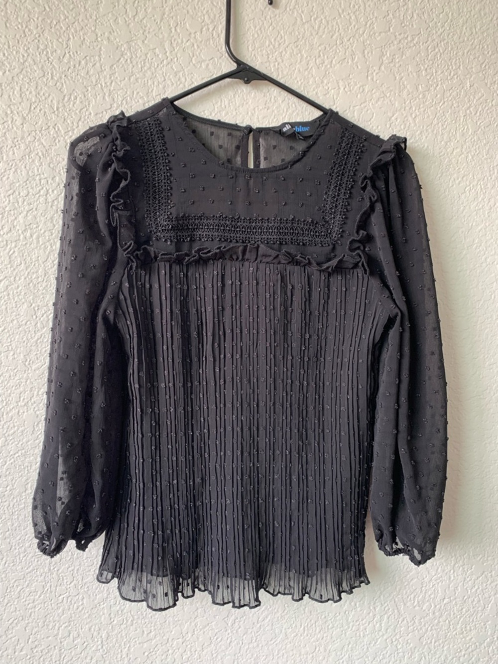 Alice Blue Black Swiss Dot Pleated Ruffle Long-Sleeve Top